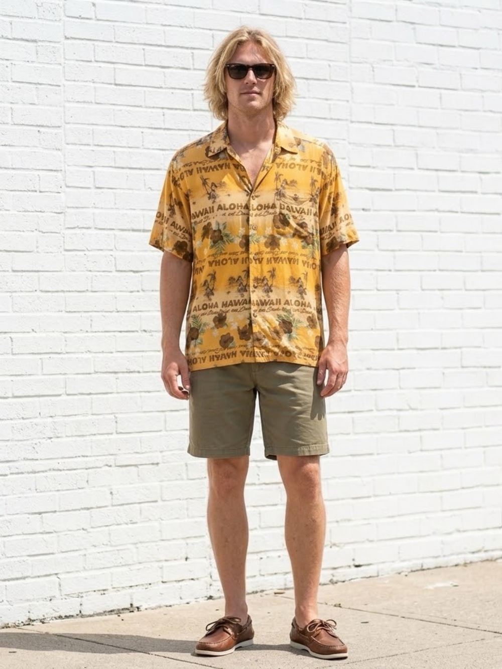 Vintage 90s Y2K Aloha Hawaiian Shirt Mens Medium Yellow Retro Beach Hula Girls